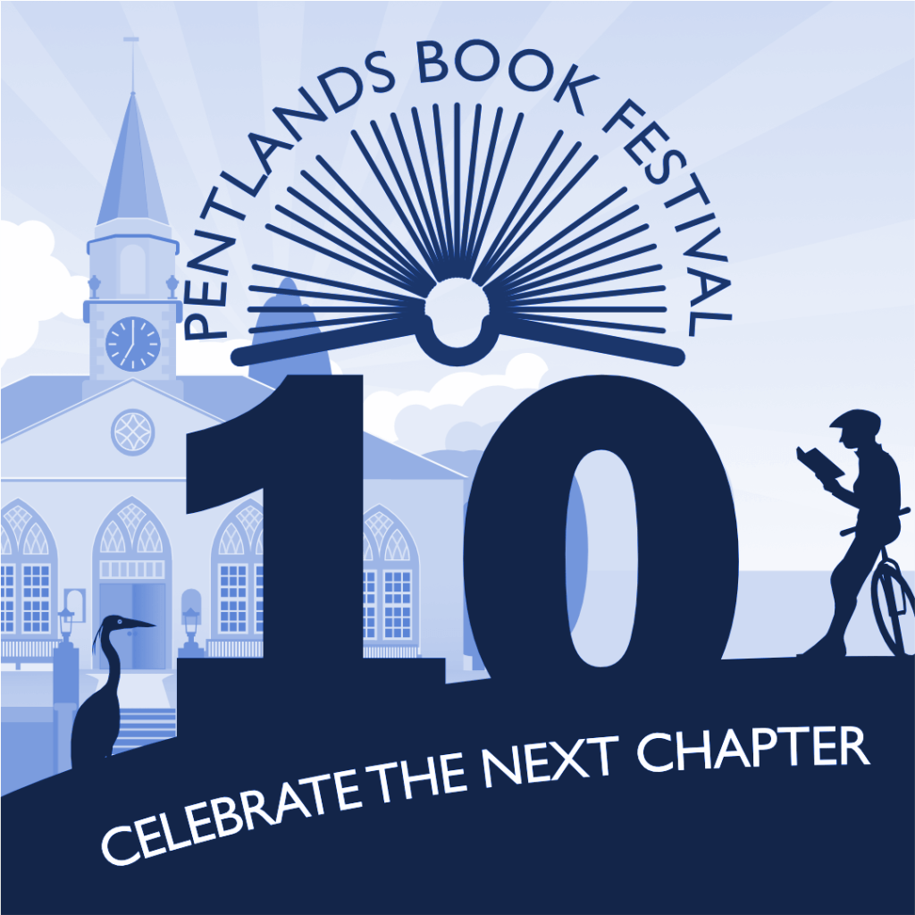 "10 years" graphic blue.
With tagline 'Celebrate the next chapter'.