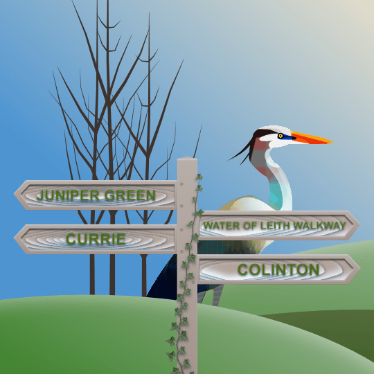 Local area footpath sign with heron in background.